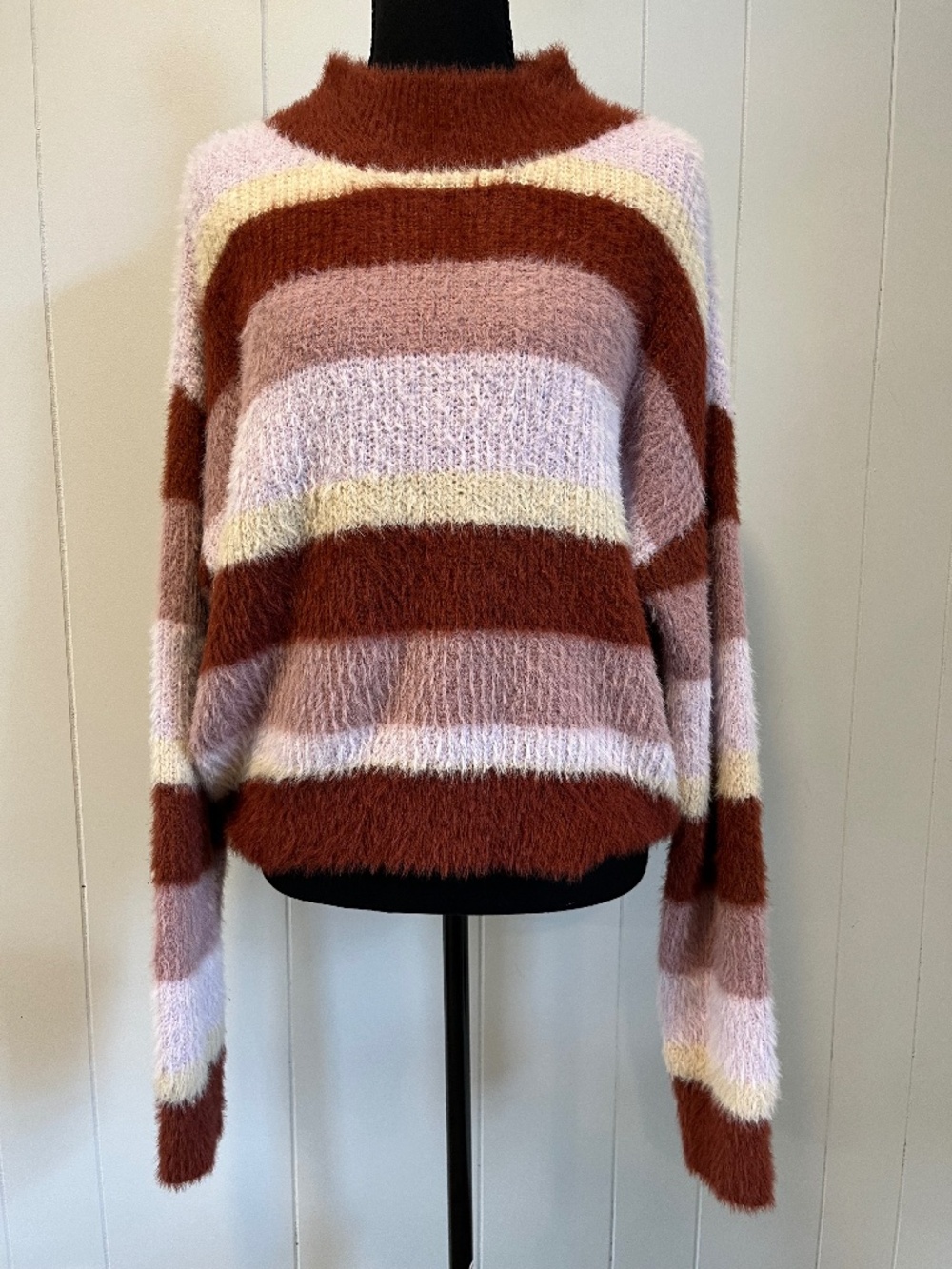 LUSH Fuzzy Mock Neck Sweater sz L Cozy Preppy Cottagecore Retro 70s Earthy